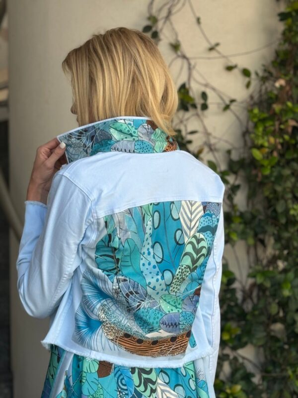 Product image for Designer Stacy Bradley: Denim Jacket – Sky Blue Feathers