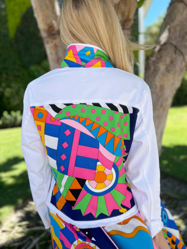Product image for Designer Stacy Bradley: White Denim Jacket – Blue Pucci